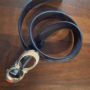 Elegant Black Leather Belt with Gold Buckle